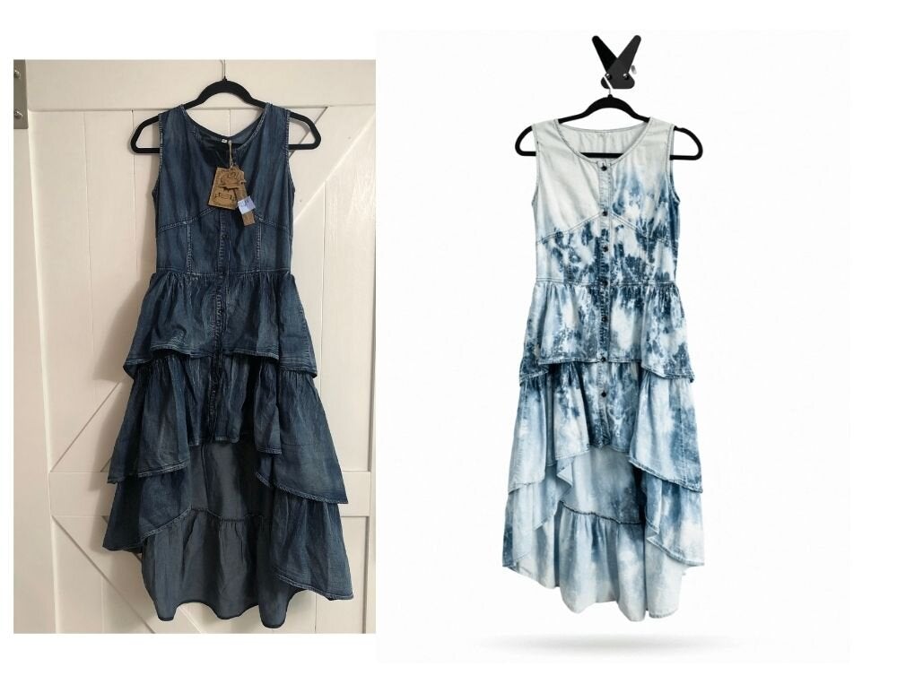 Rework Jean Bleach Splatter Ruffle Dress Dresses Lara Dee Artistry 